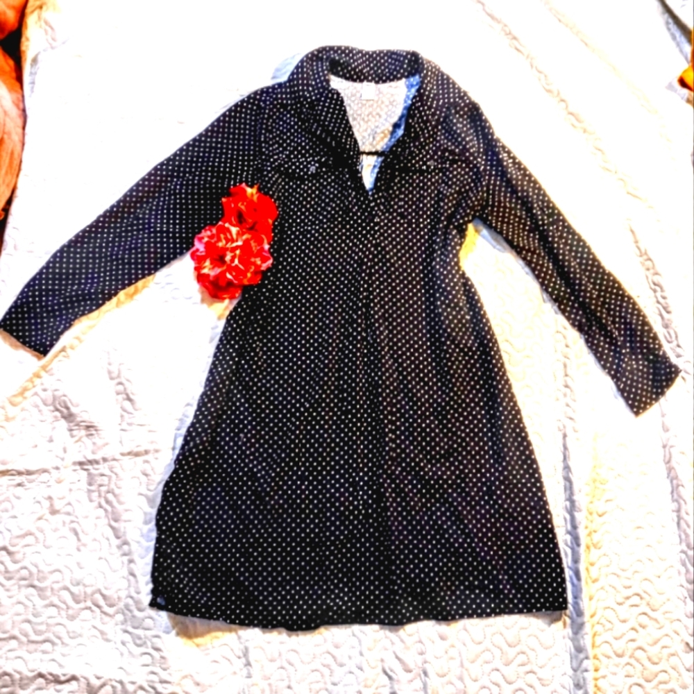 Old Navy black and white polka dotted belted shirt dress large